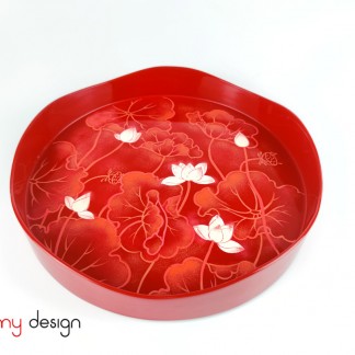 Red round lacquer tray hand-painted with lotus pond 27xH4 cm